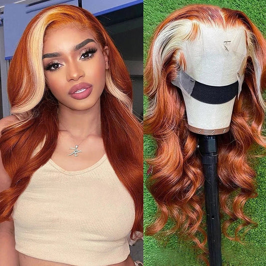 Ginger With Blonde Skunk Stripe 13x6 Full Lace Drawstring Wig